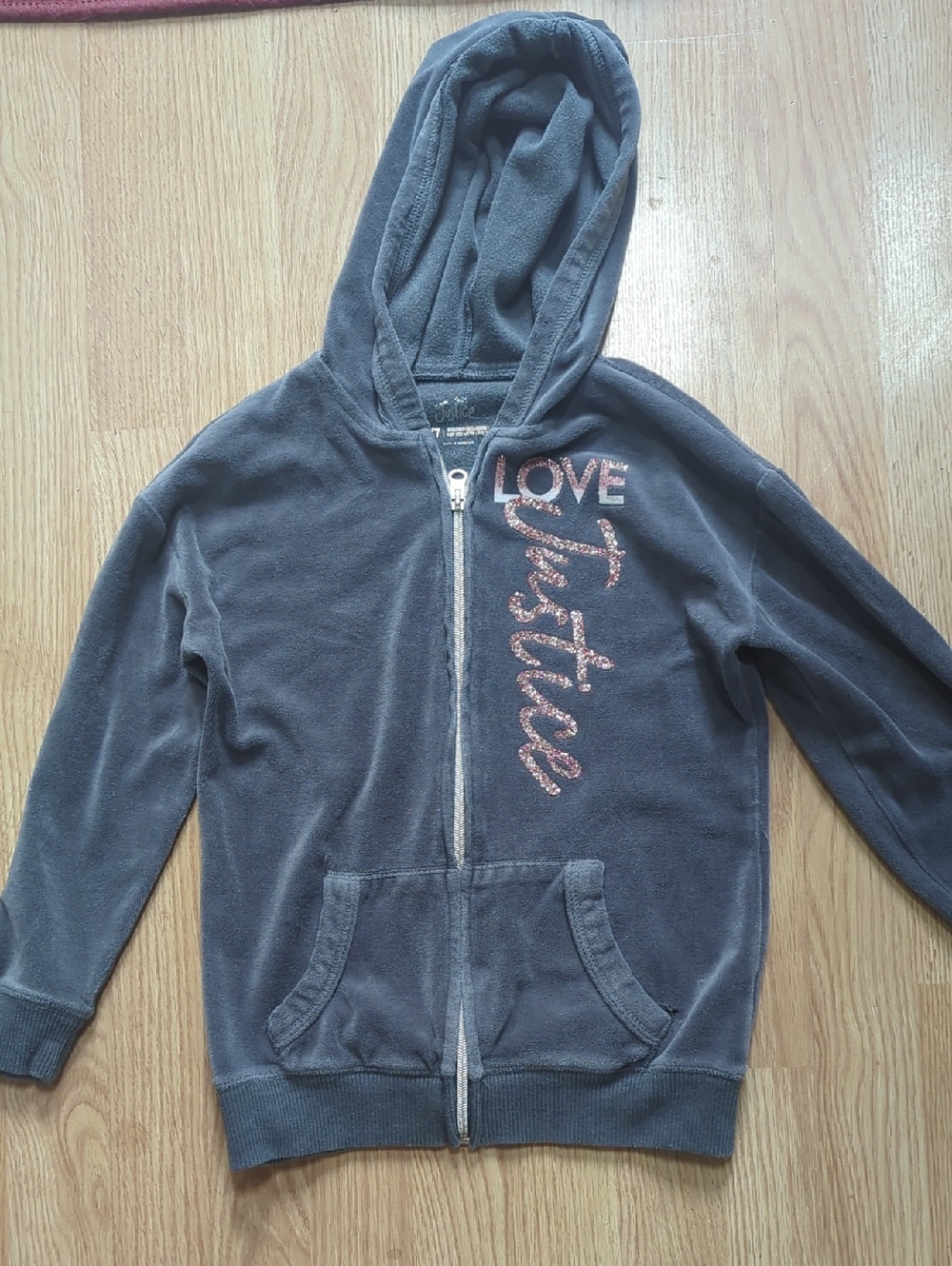 Justice Girls' Gray Hooded Zip-Up Sweatshirt with Pink Glitter Script